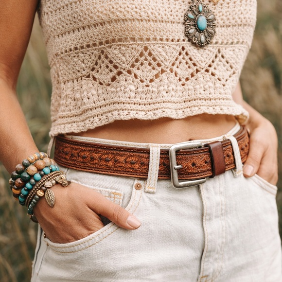 Vintage Tooled Leather Belt Brown | Unisex Western Boho | Size 34 main image 10